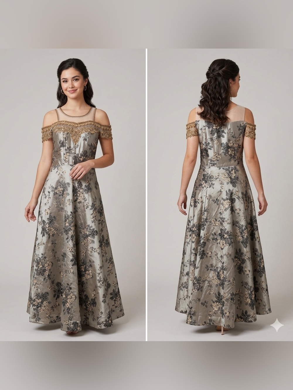 Women’s M/L Long Metallic Floral Gown Vintage Illusion Gold Beaded Indowestern